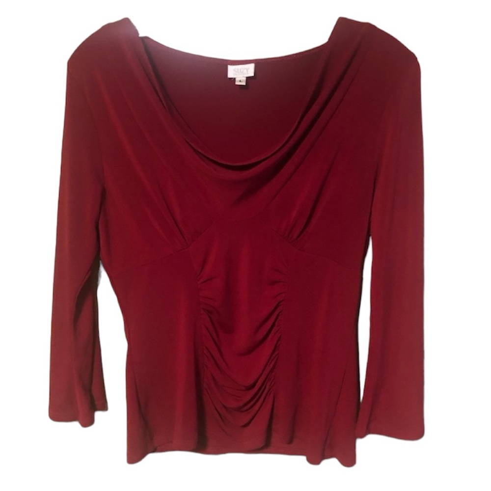 Vtg Suzy Shier Deep Dark Bordeaux Red Long Sleeve Fitted Top Blouse Shirt Large